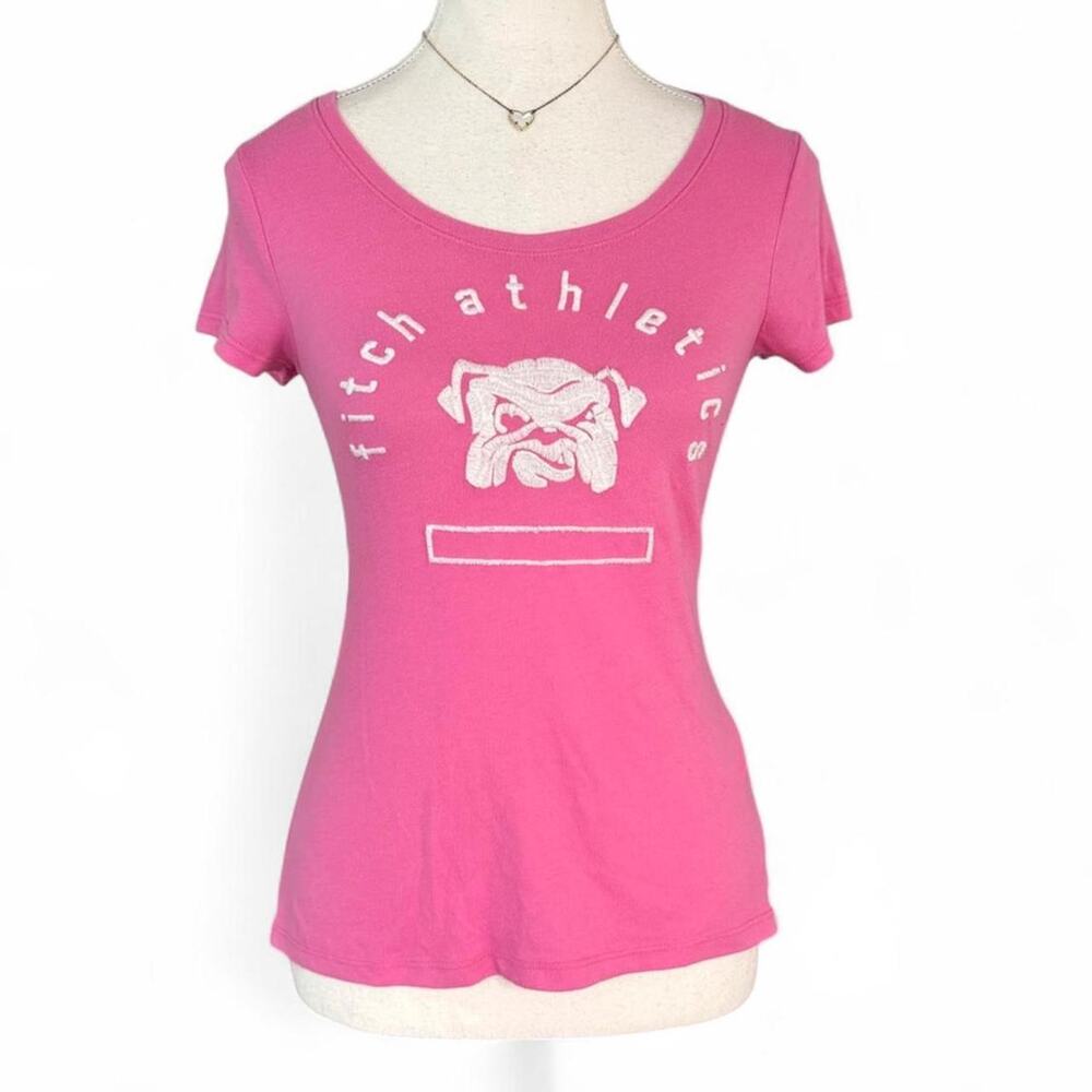 Pink Abercrombie & Fitch baby tee white bulldog graphic text best fits small